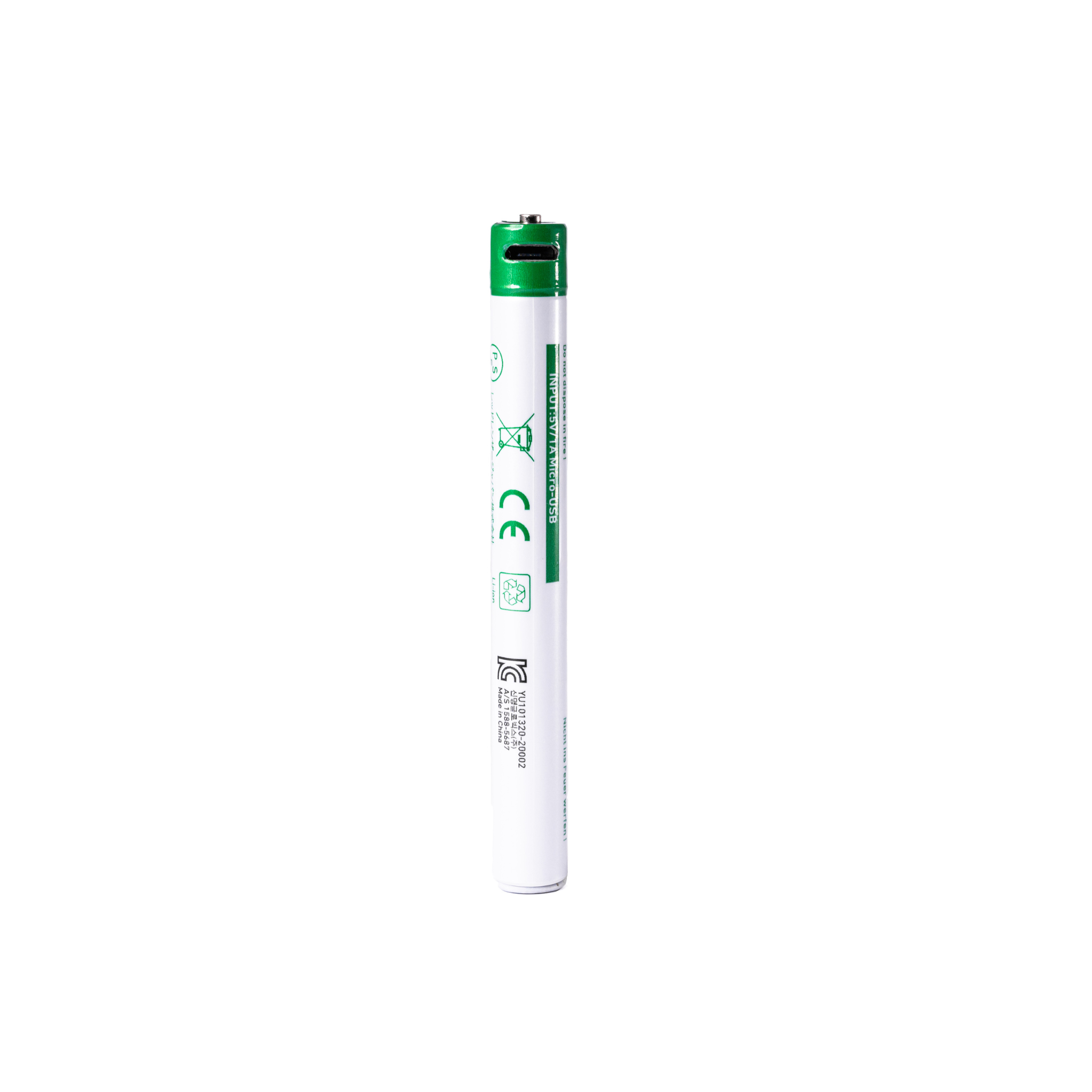 Ledlenser USB Direct Charging Battery Li ion 10900 white cylindrical battery with green cap shown upright