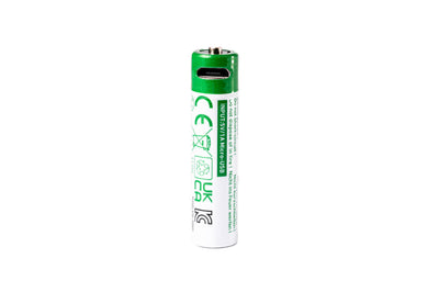 Ledlenser USB Direct Charging Battery Li ion for P2R Core cylindrical battery with green top and white label detailing warnings and specs