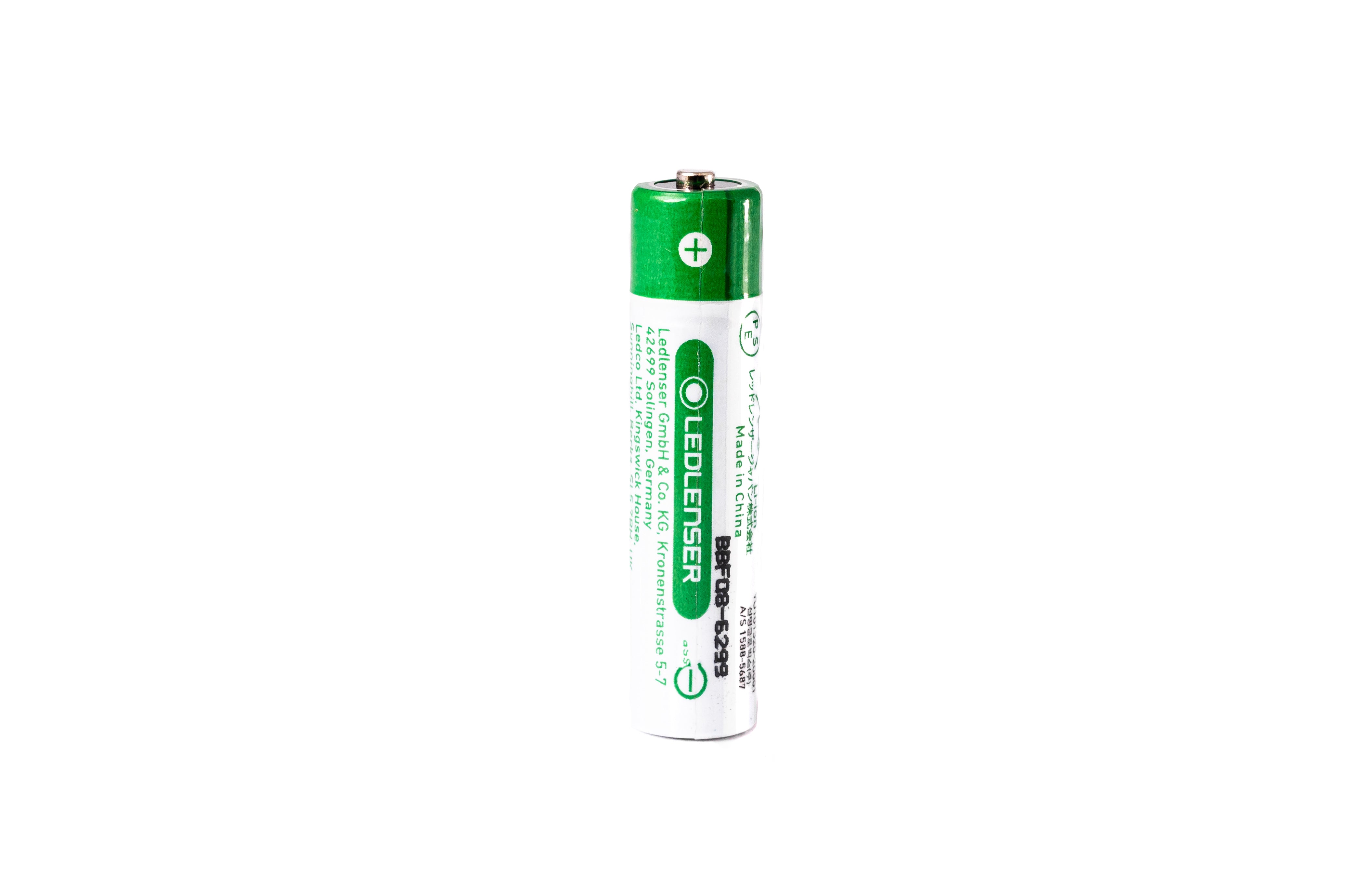 USB Direct Charging Battery Li ion for P2R Core Ledlenser white cylindrical battery with green top shown upright