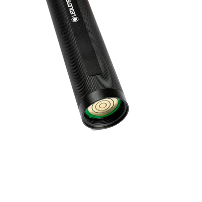 Replacement X21R 2 Tube Set with Batteries end view of a black Ledlenser tube with green contacts