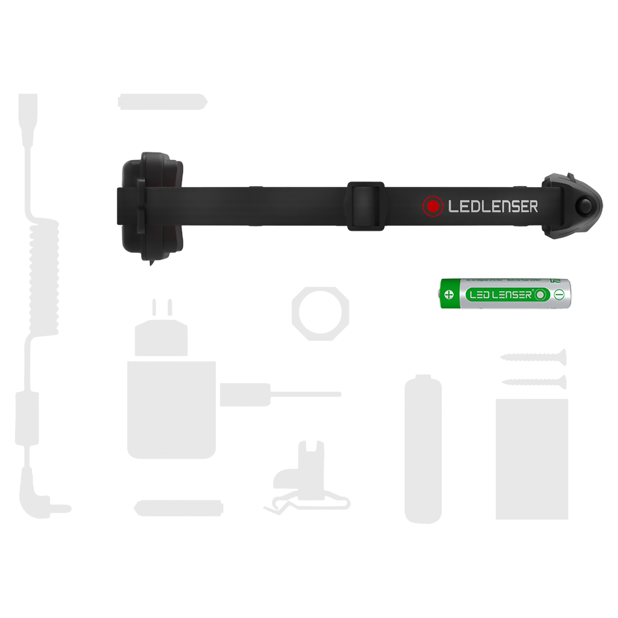 Ledlenser H4 Headlamp with accessories laid out and battery visible in side view display image