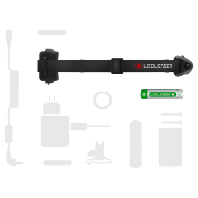 Ledlenser H4 Headlamp with accessories laid out and battery visible in side view display image