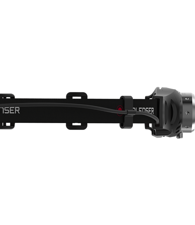 Ledlenser H5 Battery Operated Headlamp with black adjustable headband and silver front housing