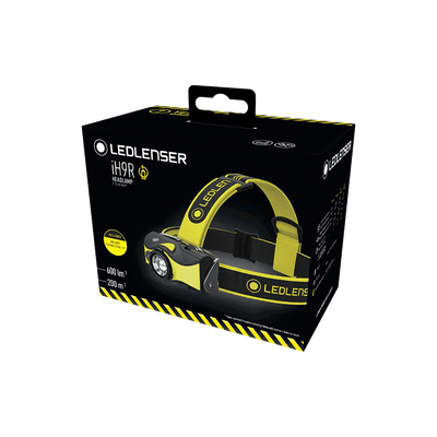 Ledlenser iH9R Headlamp packaging box angled view showing yellow headband and mounted headlamp against black packaging