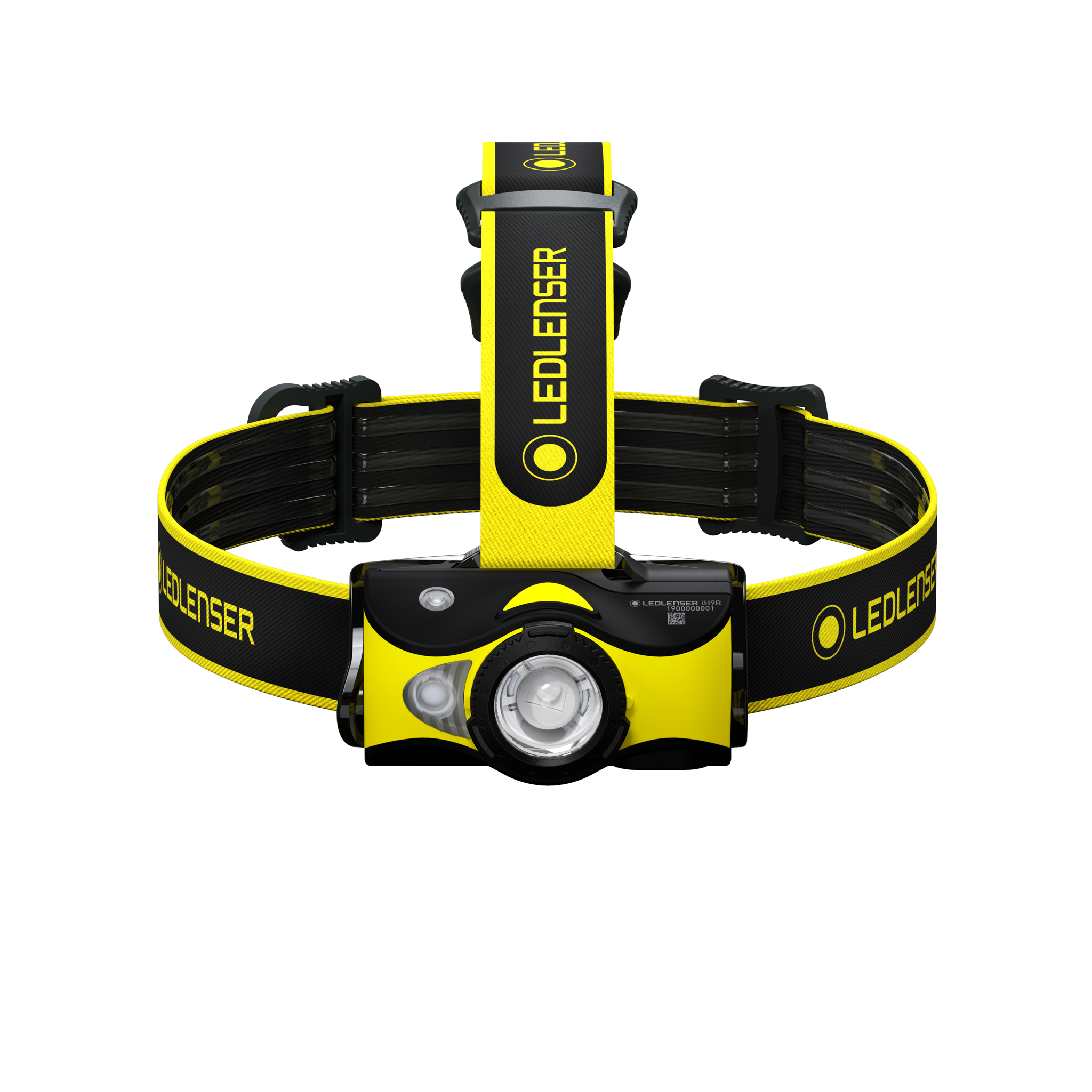 Ledlenser iH9R Headlamp mounted on a yellow and black adjustable headband front view showing lamp housing