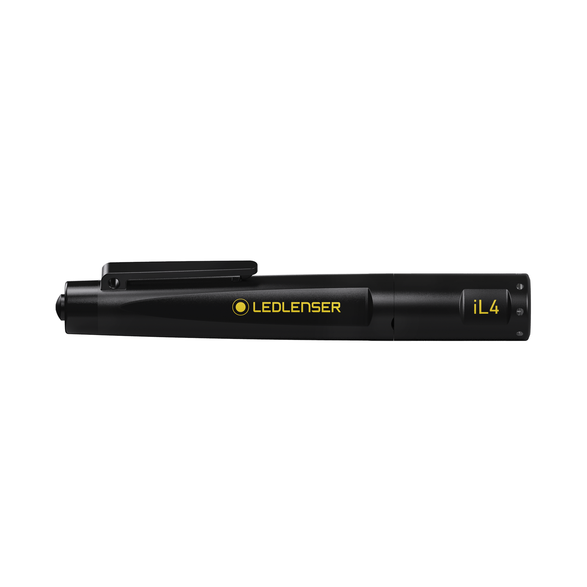 Ledlenser iL4 Torch in black with pocket clip side profile view showing yellow Ledlenser logo and iL4 marking