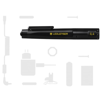 Ledlenser iL4 torch displayed horizontally with faint silhouettes of its accessories around