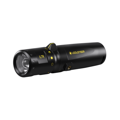Ledlenser iL7R torch in black with yellow accents side view showing lens control dial and branding
