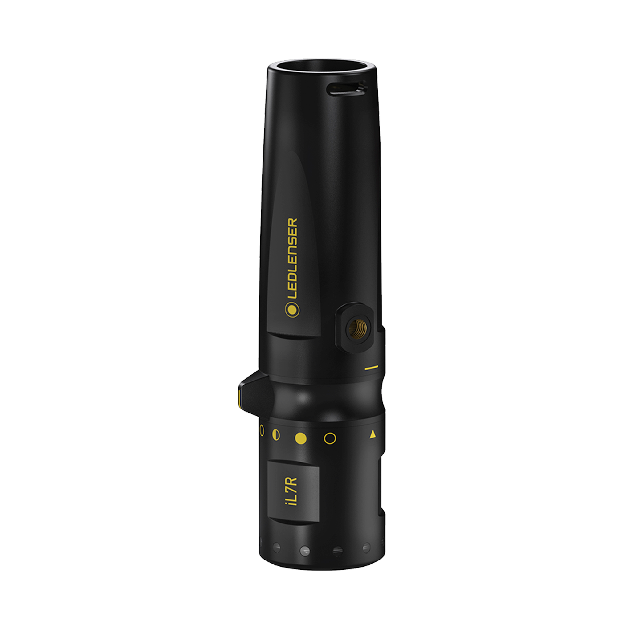 Ledlenser iL7R Torch a black compact rechargeable handheld light with yellow accents side control button and base attachment