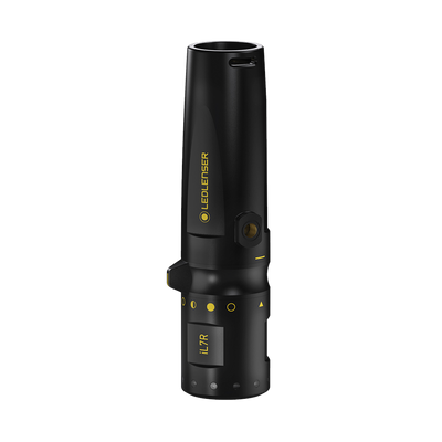 Ledlenser iL7R Torch a black compact rechargeable handheld light with yellow accents side control button and base attachment