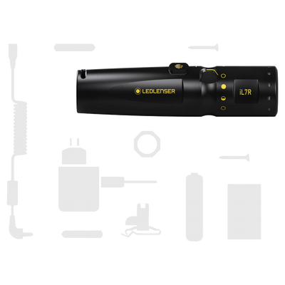 Ledlenser iL7R Torch black cylindrical handheld light with yellow logo and control dial shown horizontally