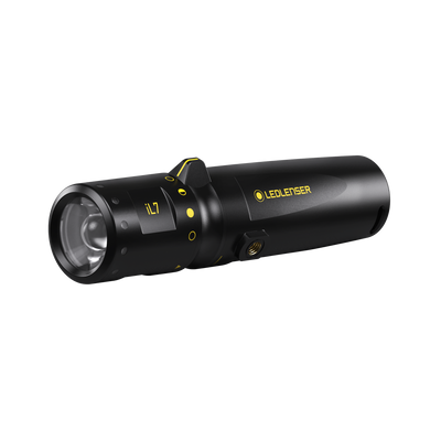 Ledlenser iL7 Torch black with yellow accents side view of a compact handheld flashlight