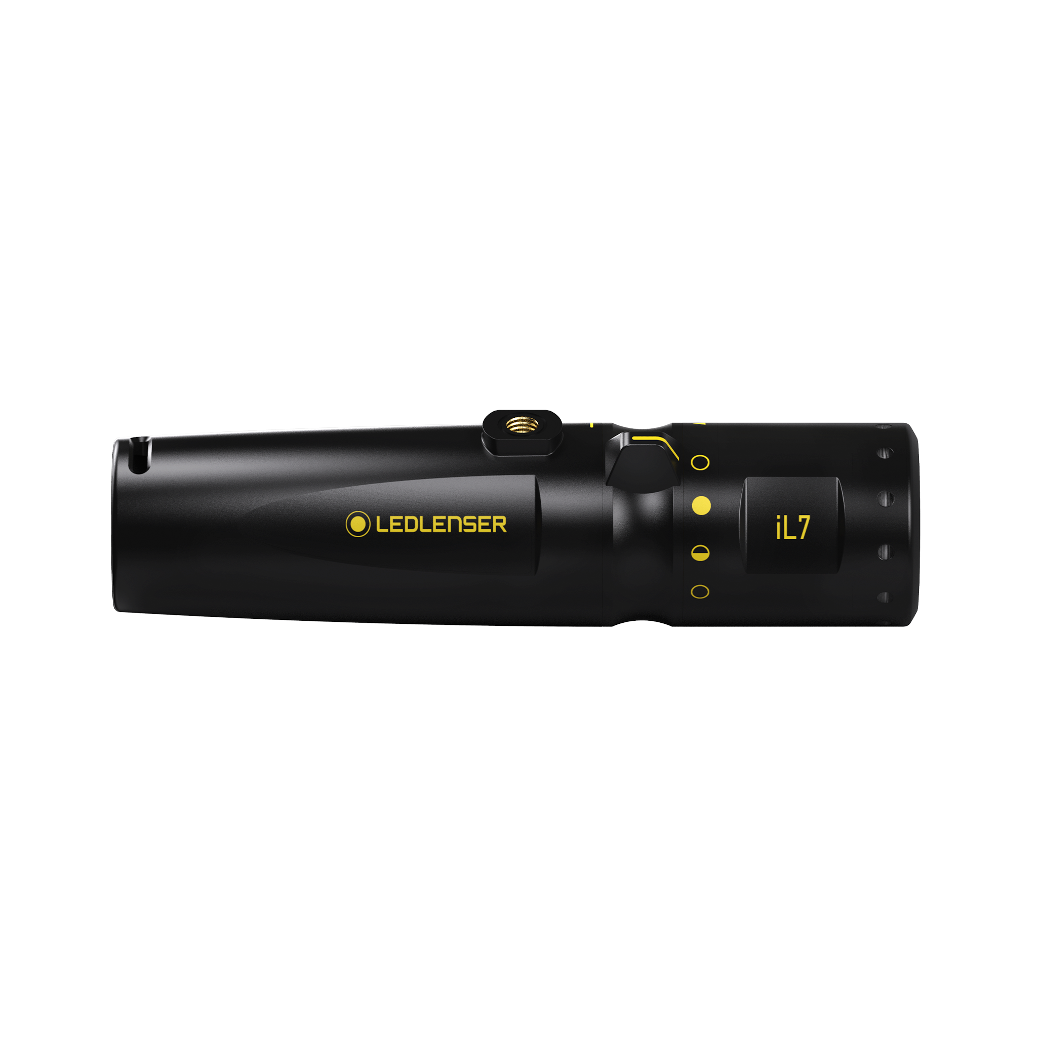 iL7 Torch in black horizontal side view showing yellow Ledlenser branding and control features