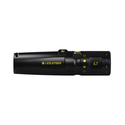 iL7 Torch in black horizontal side view showing yellow Ledlenser branding and control features