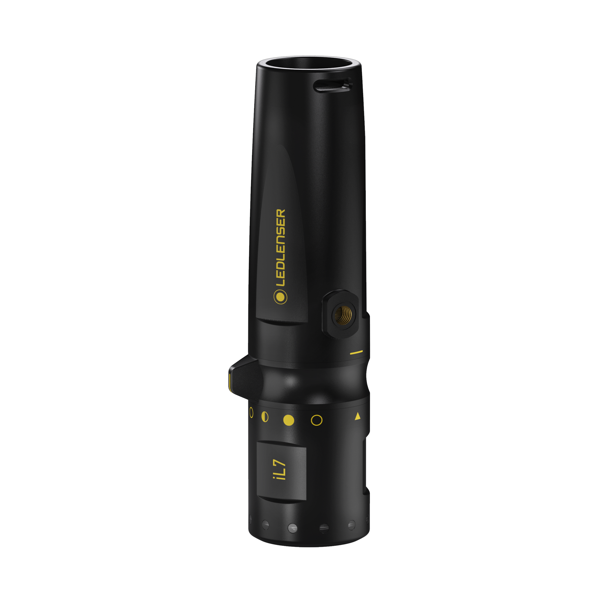 Ledlenser iL7 Torch in black with yellow branding upright view highlighting its compact body and control features