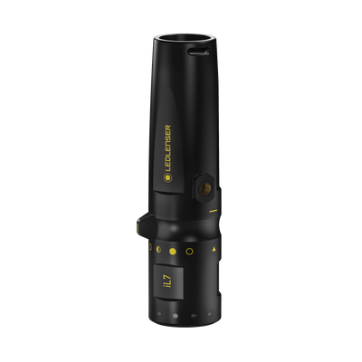 Ledlenser iL7 Torch in black with yellow branding upright view highlighting its compact body and control features