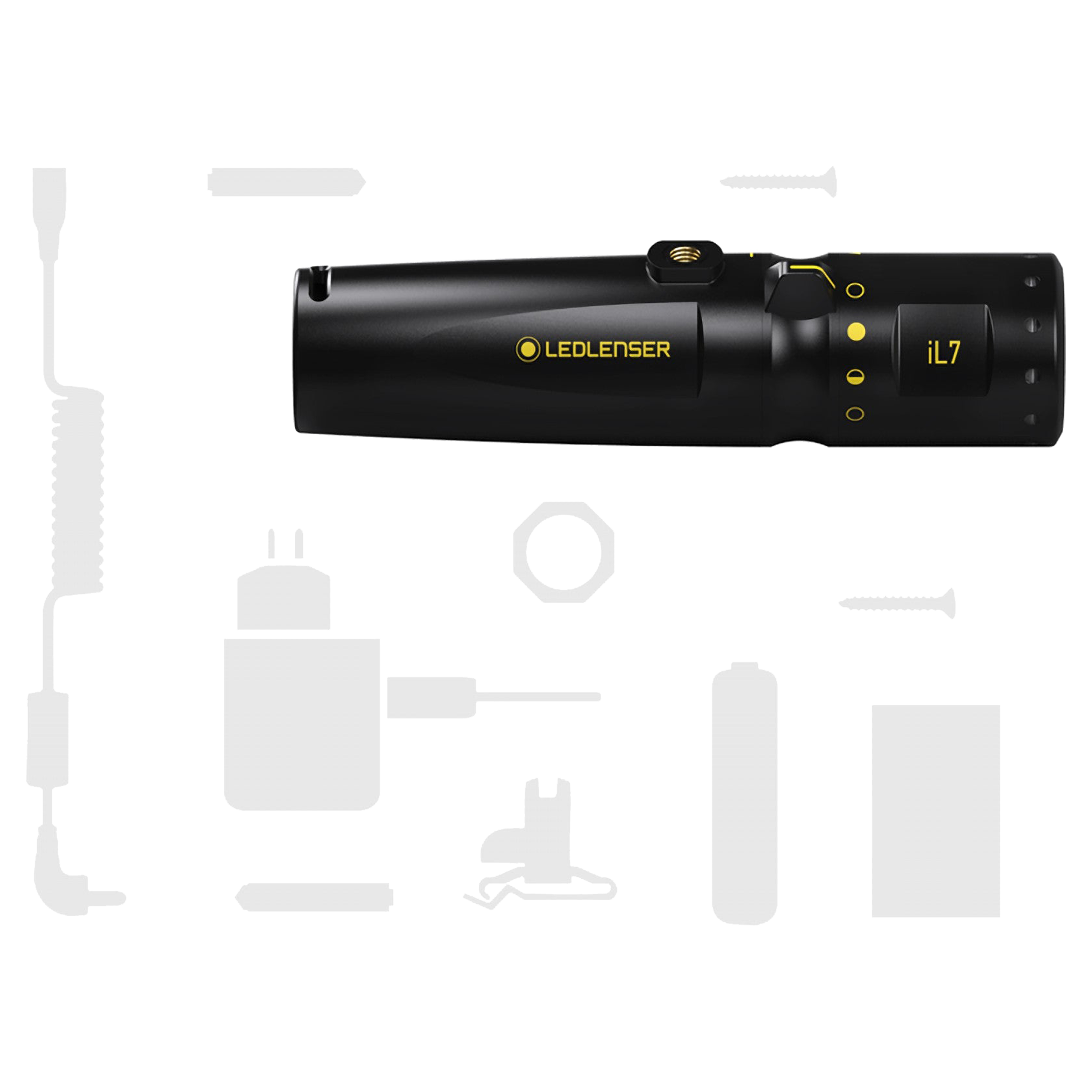 Ledlenser iL7 Torch in black with yellow logo shown with accessory silhouettes such as charger and batteries