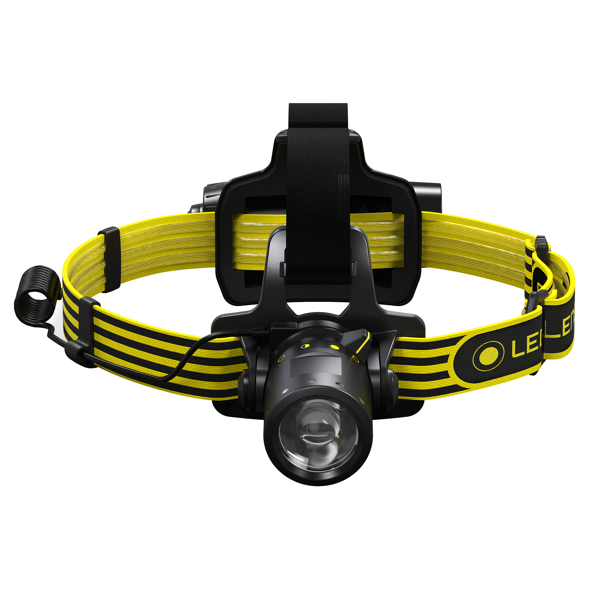 iLH8R Headlamp with yellow black striped headband and adjustable mount front facing LED light in black housing