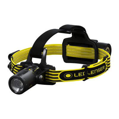 Ledlenser iLH8R headlamp with yellow black strap and external battery pack front left view