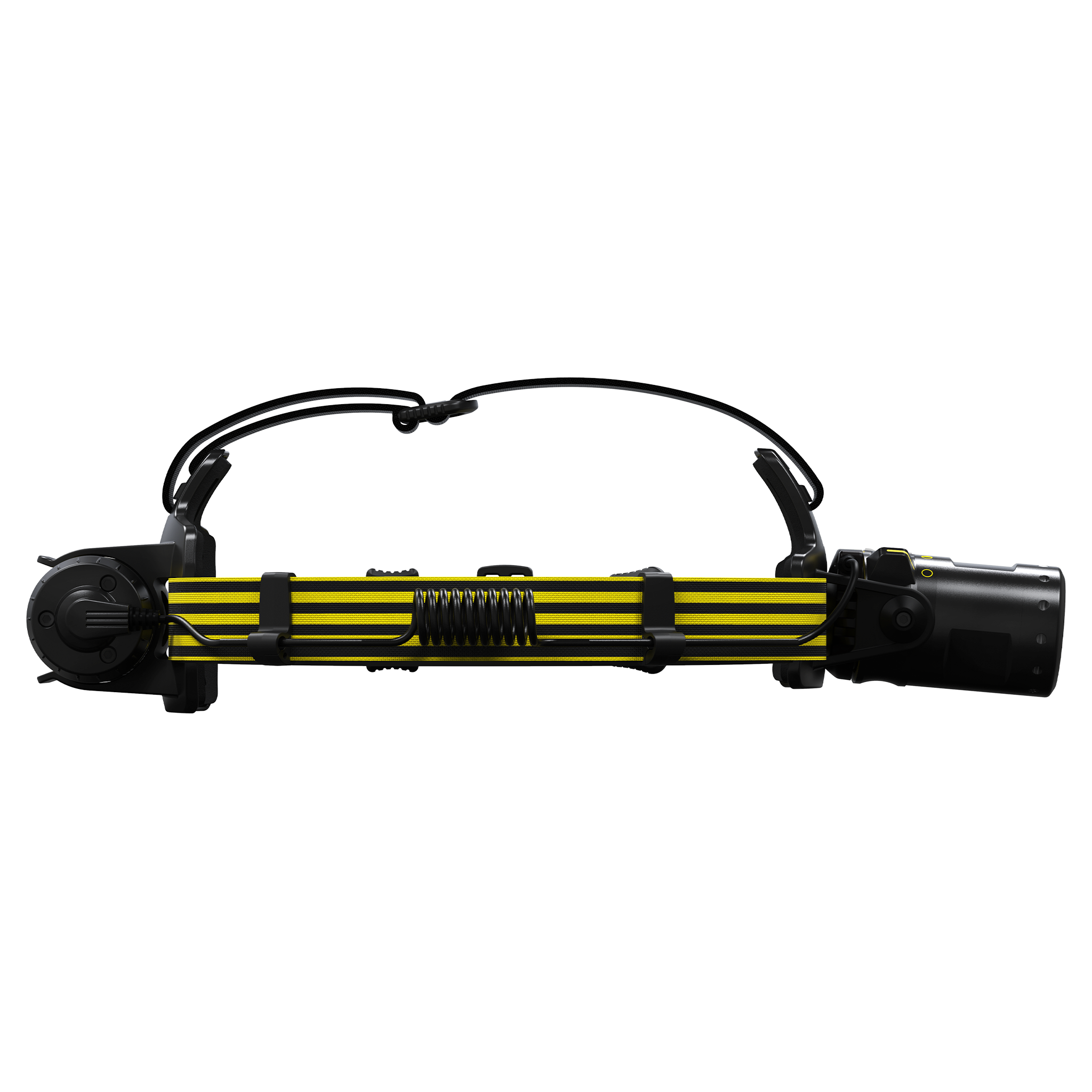 Ledlenser iLH8R Headlamp with black and yellow head strap and attached battery pack shown laid flat