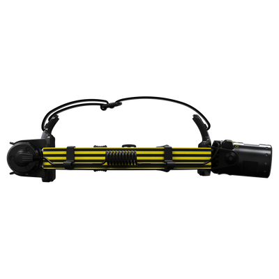 Ledlenser iLH8R Headlamp with black and yellow head strap and attached battery pack shown laid flat