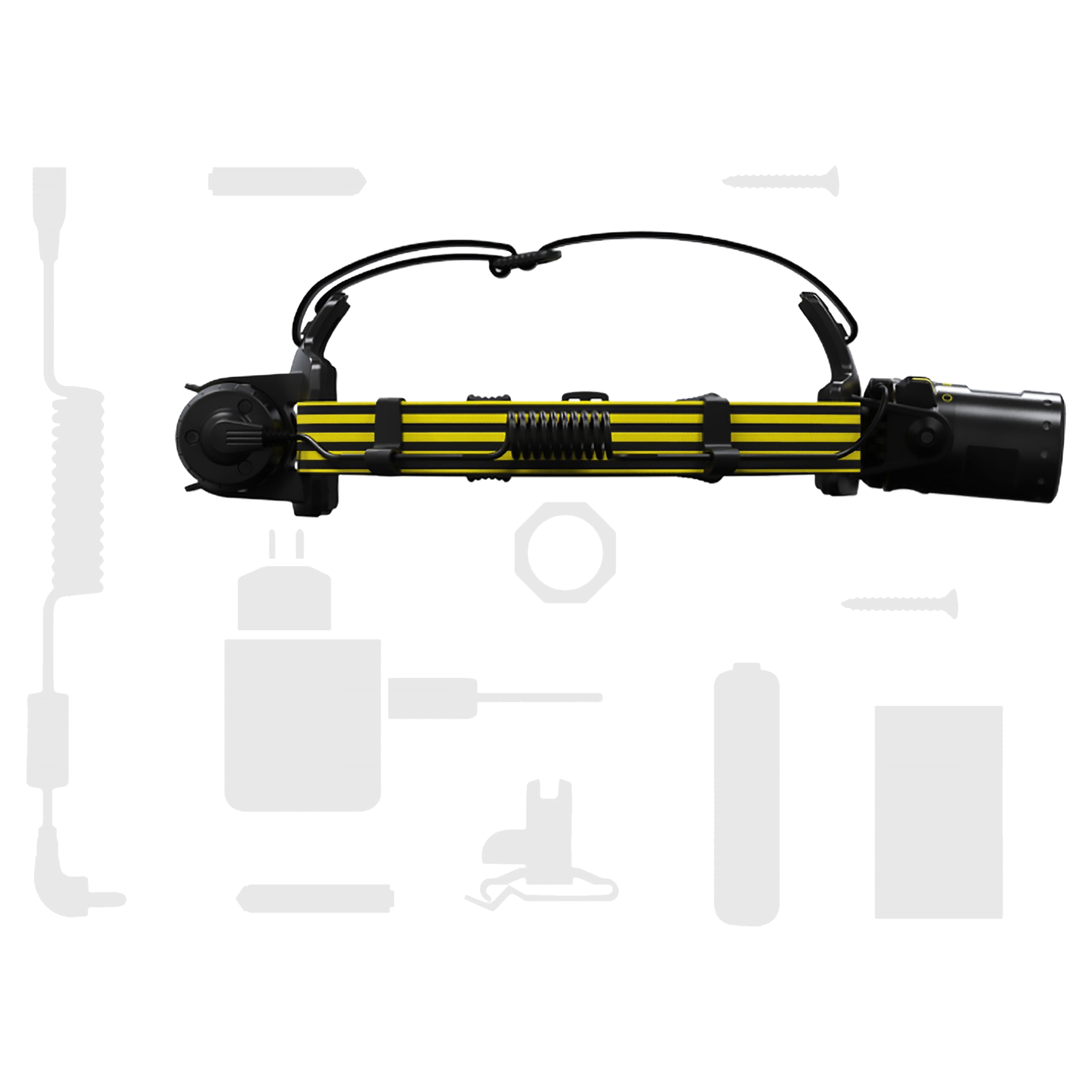 Ledlenser iLH8R Headlamp laid horizontally showing yellow and black striped battery rail head strap and mounted light module