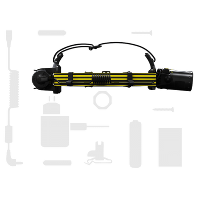 Ledlenser iLH8R Headlamp laid horizontally showing yellow and black striped battery rail head strap and mounted light module