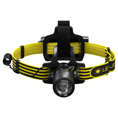 Ledlenser iLH8 headlamp with bright front LED yellow black adjustable headband worn on head