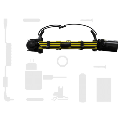 Ledlenser iLH8 headlamp with black body and yellow striped housing displayed with an adjustable headband