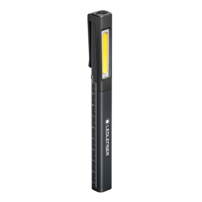 Ledlenser iW2R Work Light in black pen style handheld with yellow LED panel shown vertically with pocket clip