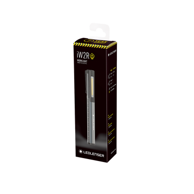 Ledlenser iW2R Work Light packaging box displaying a slim rechargeable penlight with pocket clip and ruler scale along its body