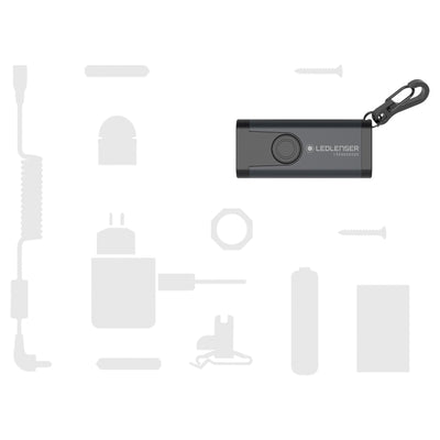 K4R Rechargeable Key Ring Lamp with carabiner shown with its accessories for everyday carry