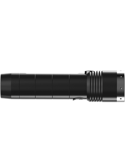 Ledlenser MT10 Torch side profile of black handheld flashlight with textured grip and barrel details