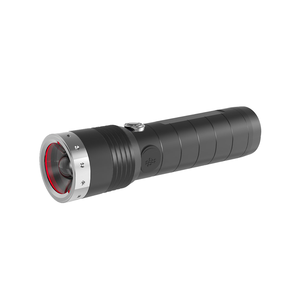 Ledlenser MT14 Torch black cylindrical handheld flashlight with silver bezel and red inner ring shown at slight angle