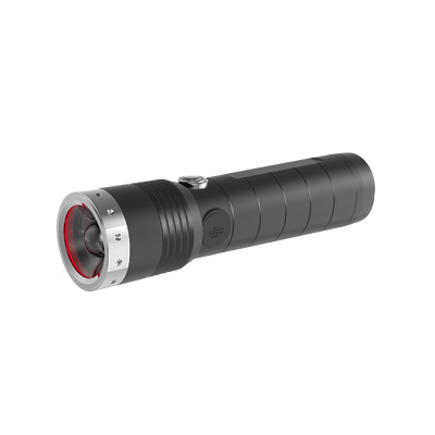 Ledlenser MT14 Torch black cylindrical handheld flashlight with silver bezel and red inner ring shown at slight angle