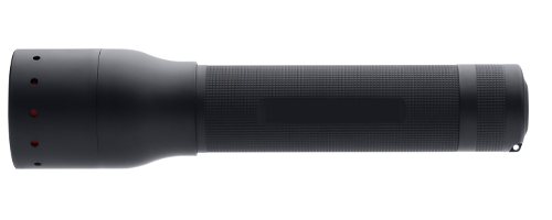 Ledlenser P14 torch in side view long black cylindrical body with textured grip and red marker dots at the tail
