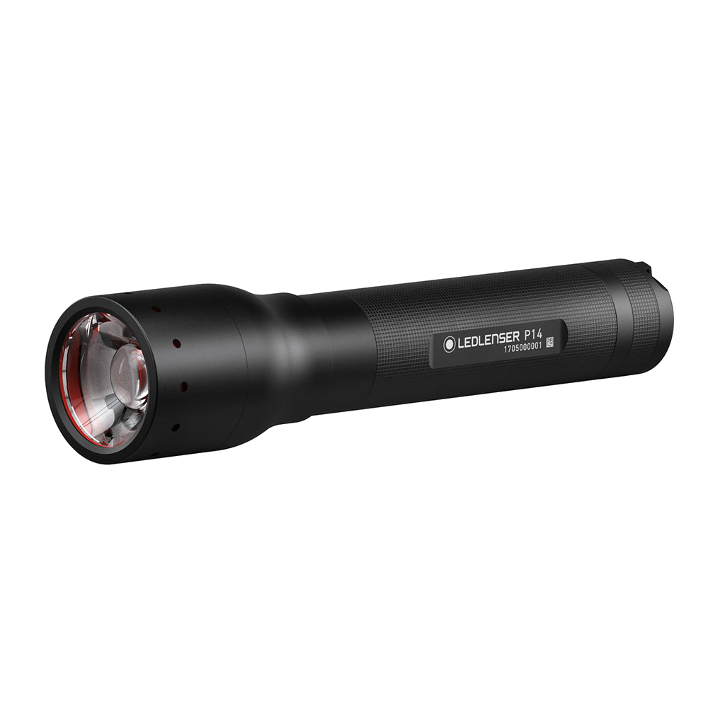 Ledlenser P14 torch in black with textured grip side view showing front lens and reflector