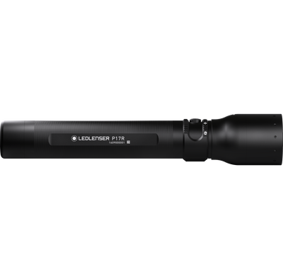 Ledlenser P17R Rechargeable Torch in black side profile view showing textured grip and control switch on the body