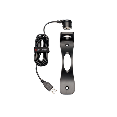 Ledlenser P5R Floating Charge System wall mountable with USB charging cable and charging puck mounted on bracket