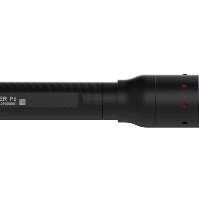 Ledlenser P6 Battery Operated Torch close up of the torch body with red indicator lights at the tail section