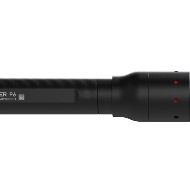 Ledlenser P6 torch side view showing black cylindrical body and end cap with red indicator holes