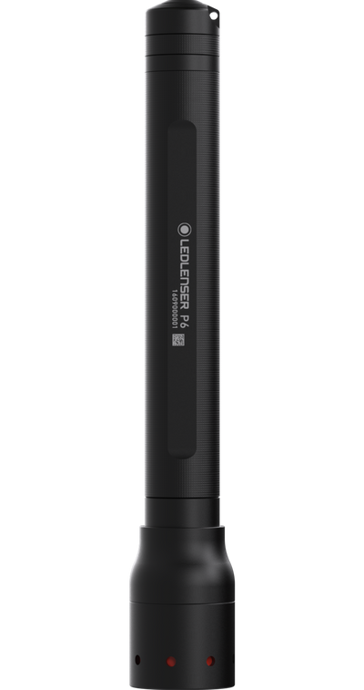 Ledlenser P6 Battery Operated Torch in black cylindrical handheld flashlight with textured grip and base switch shown upright
