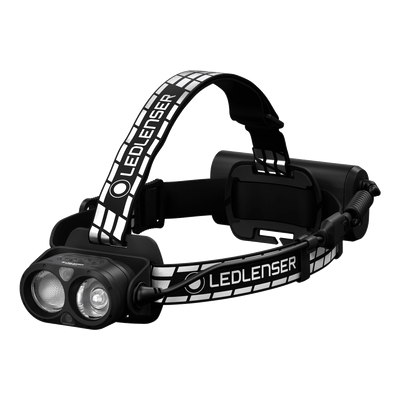 H19R Signature Headlamp black headlamp with dual LED modules mounted on an adjustable branded Ledlenser head strap