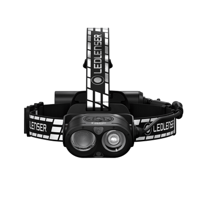 H19R Signature Headlamp featuring dual LED modules black body with adjustable headband and branded Ledlenser strap front view