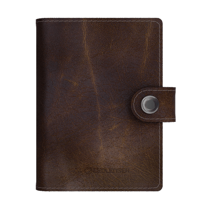 Lite Wallet® leather wallet in dark brown with snap tab and metal snap closure Ledlenser embossed on front