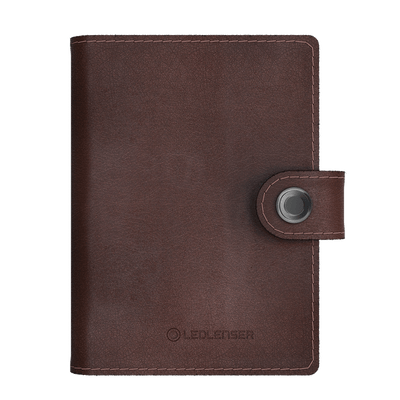 Lite Wallet® leather wallet in brown with snap strap closure and metal snap button; Ledlenser branding visible