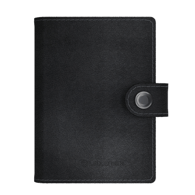 Ledlenser Lite Wallet® black leather wallet with snap strap closure and visible logo embossing on the front