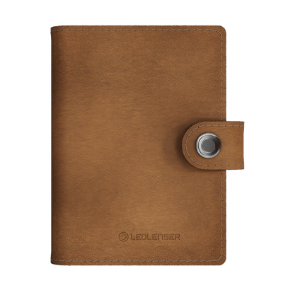 Lite Wallet by Ledlenser brown leather wallet with snap closure strap and embossed logo on front