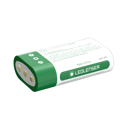 Rechargeable Battery 2 x 21700 Li ion Ledlenser battery pack with green end caps and visible terminal contacts