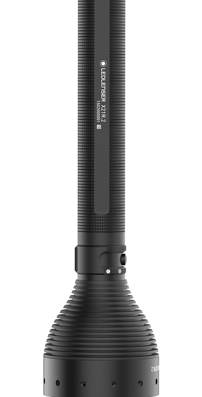 Ledlenser X21R 2 Rechargeable Torch vertical close up showing black textured body with logo and model text along the shaft and ribbed head section